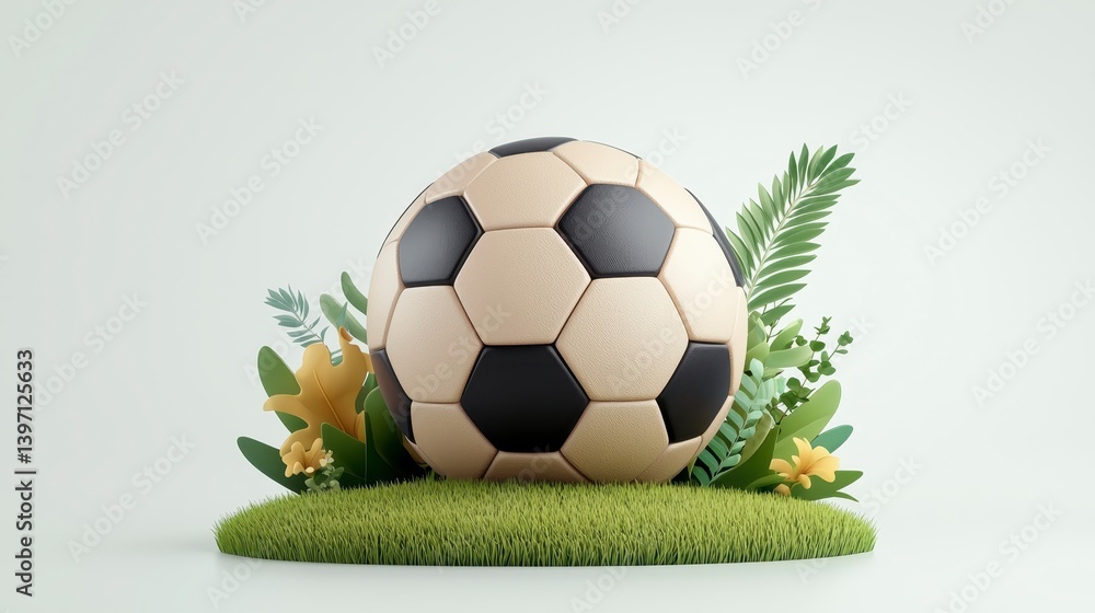Fototapeta premium Textured Soccer Ball on Green Grass with Tropical Foliage