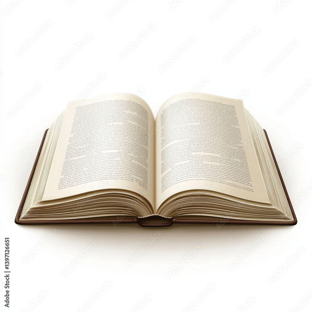 Open book, pages filled with text, brown cover, isolated on white Open book, pages filled with text, brown cover, isolated on white