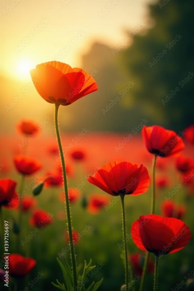 Fototapeta premium Deep crimson poppies sway gently in the fading sunlight, tranquil scene , serene, botanical