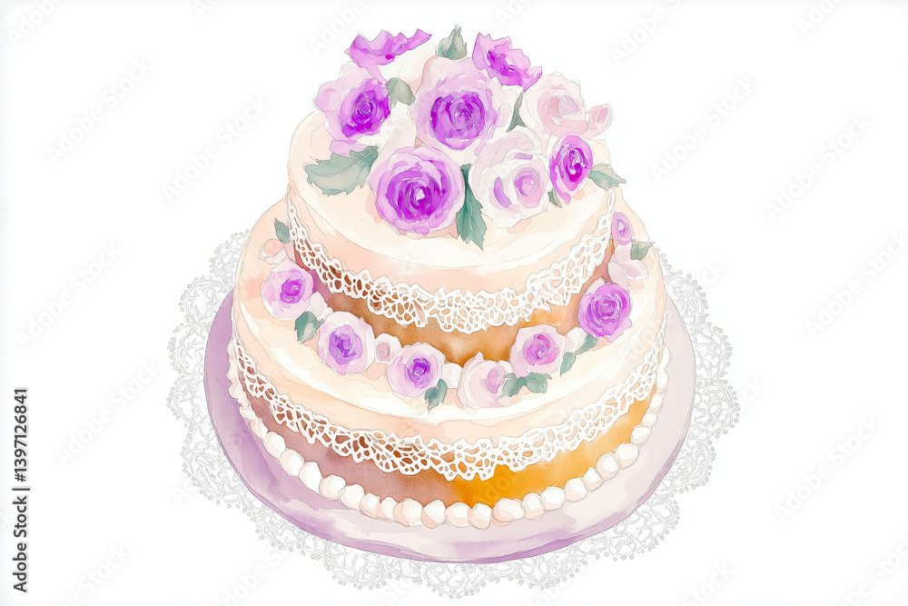 A watercolor illustration of an elegant wedding cake decorated with delicate lace and soft purple roses, offering a romantic and refined design ideal for a wedding celebration A watercolor illustration of an elegant wedding cake decorated with delicate lace and soft purple roses, offering a romantic and refined design ideal for a wedding celebration