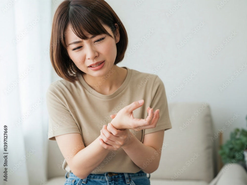 Young Woman Experiencing Discomfort in Wrist at Home Setting Young Woman Experiencing Discomfort in Wrist at Home Setting