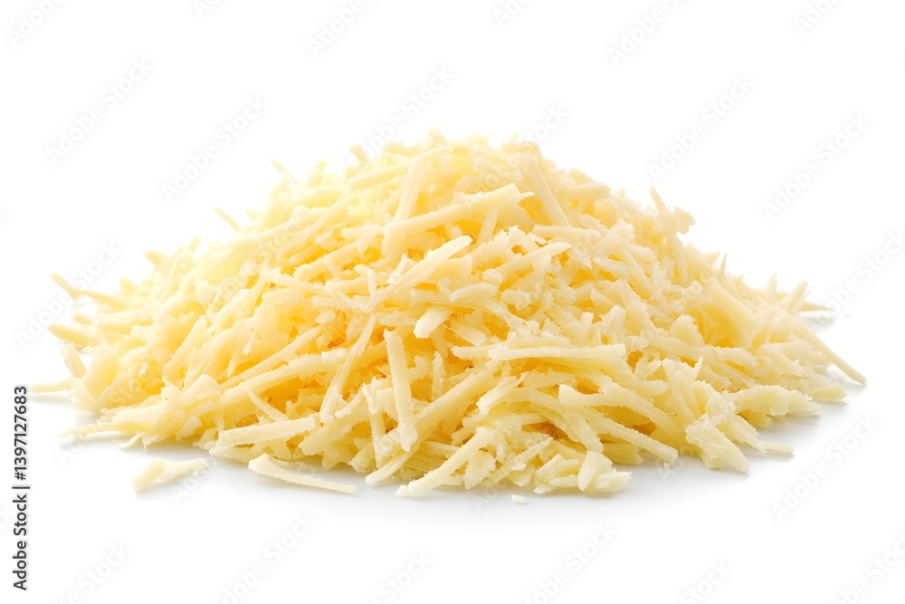 Pile of shredded yellow cheese on a white background. Pile of shredded yellow cheese on a white background.