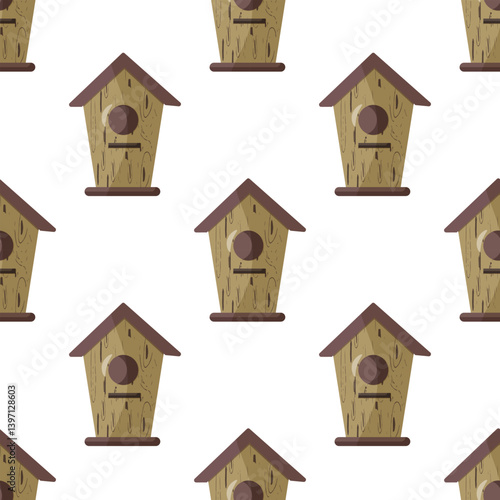 Seamless pattern with birdhouse and bird feeder on white background. Spring background. Vector.