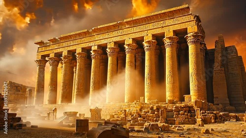 Ancient temple ruins at sunset, columns and sandstone