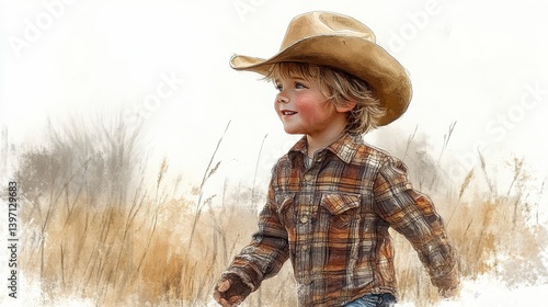 Boy in hat, flannel. Outdoor scene