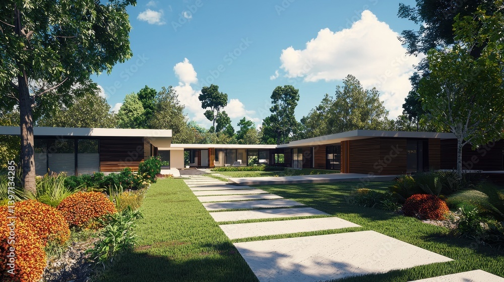 Fototapeta premium A modern, two-story home with a courtyard and landscaping.