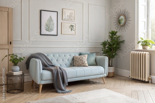 Elegant Light Blue Sofa Living Room Decor with Plants and Art