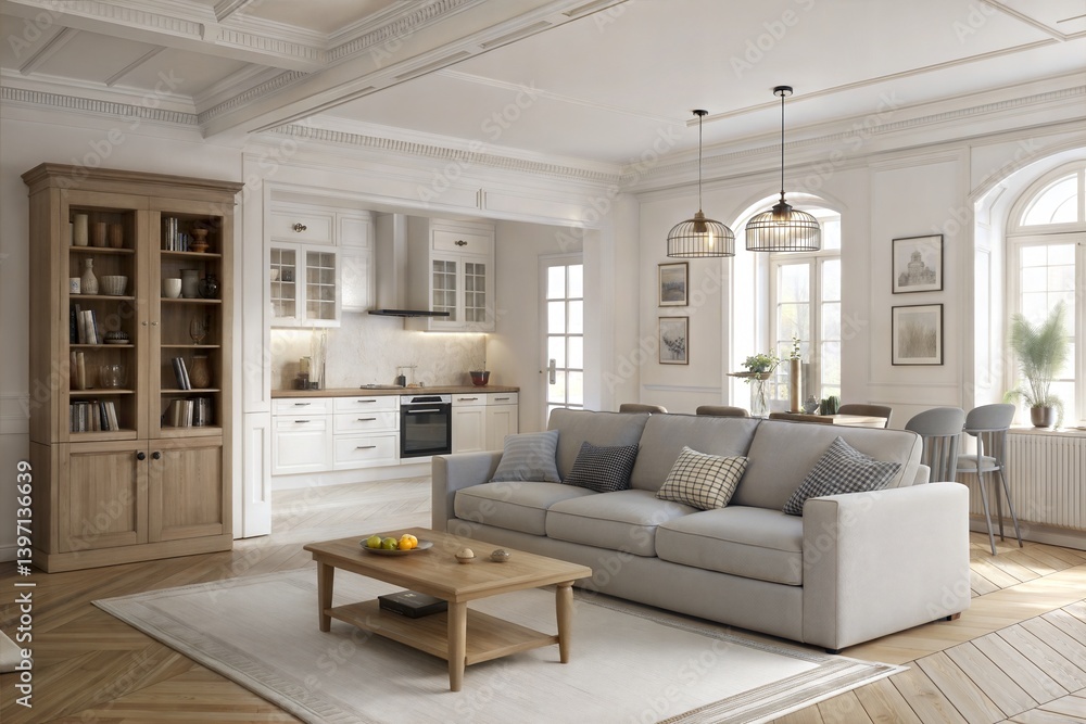 Fototapeta premium Elegant Living Room Design Modern Sofa, Oak Cabinet, Kitchen View