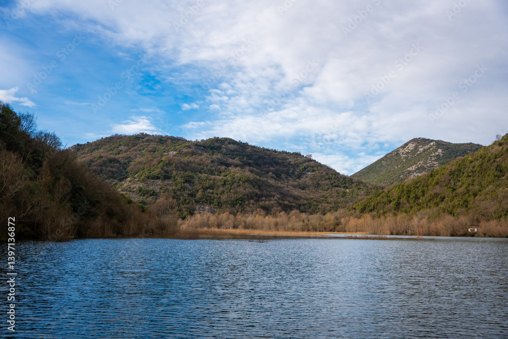 Trees and reeds on River Crnojevica, place near Lake Skadar in Montenegro surrounded by mountain peaks in winter time Trees and reeds on River Crnojevica, place near Lake Skadar in Montenegro surrounded by mountain peaks in winter time