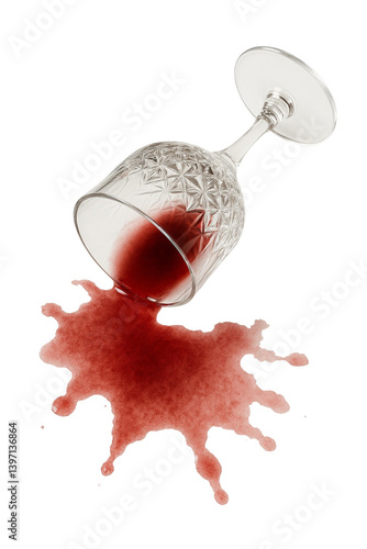 Red wine spill with glass on white background