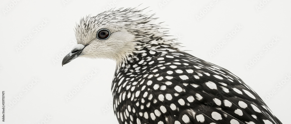 Fototapeta premium Close-up profile of a speckled bird, black and white plumage