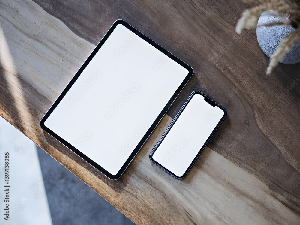 Modern Digital Device Mockup Featuring a Blank white Tablet and Smartphone Screen with Minimalist Design for Tech and Product Presentations Modern Digital Device Mockup Featuring a Blank white Tablet and Smartphone Screen with Minimalist Design for Tech and Product Presentations