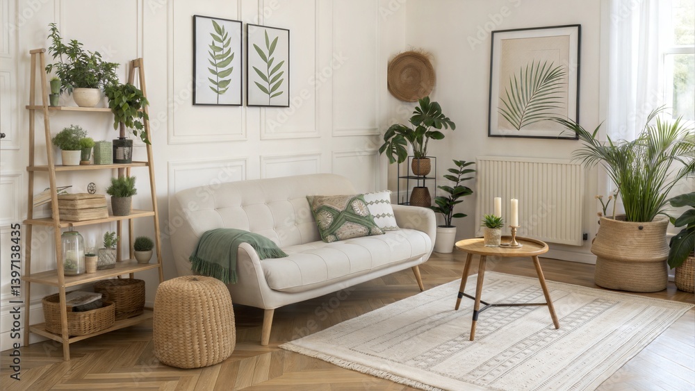 Obraz premium Bohemian Living Room Decor Plants, Sofa, Shelves, and Rug