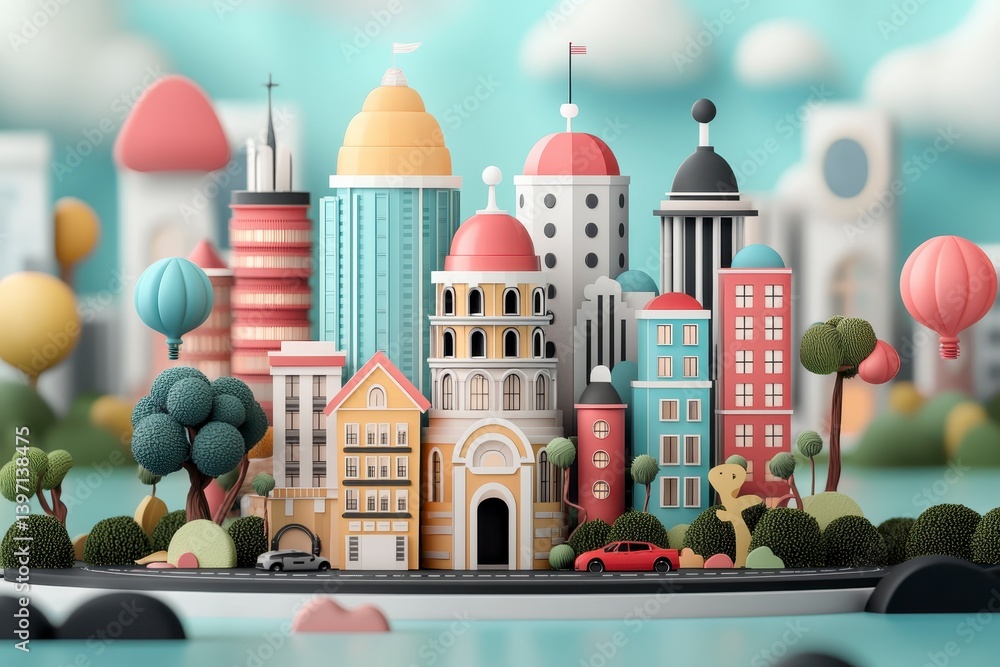 Whimsical Pastel Cityscape 3D Render Colorful Buildings, Balloons, and Lush Greenery Whimsical Pastel Cityscape 3D Render Colorful Buildings, Balloons, and Lush Greenery