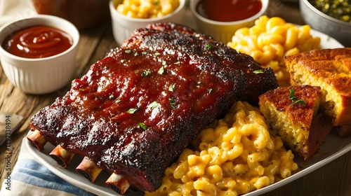 Delicious BBQ Ribs Platter with Mac and Cheese and Cornbread