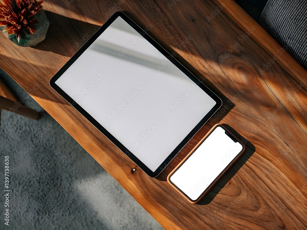 Modern Digital Device Mockup Featuring a Blank white Tablet and Smartphone Screen with Minimalist Design for Tech and Product Presentations Modern Digital Device Mockup Featuring a Blank white Tablet and Smartphone Screen with Minimalist Design for Tech and Product Presentations