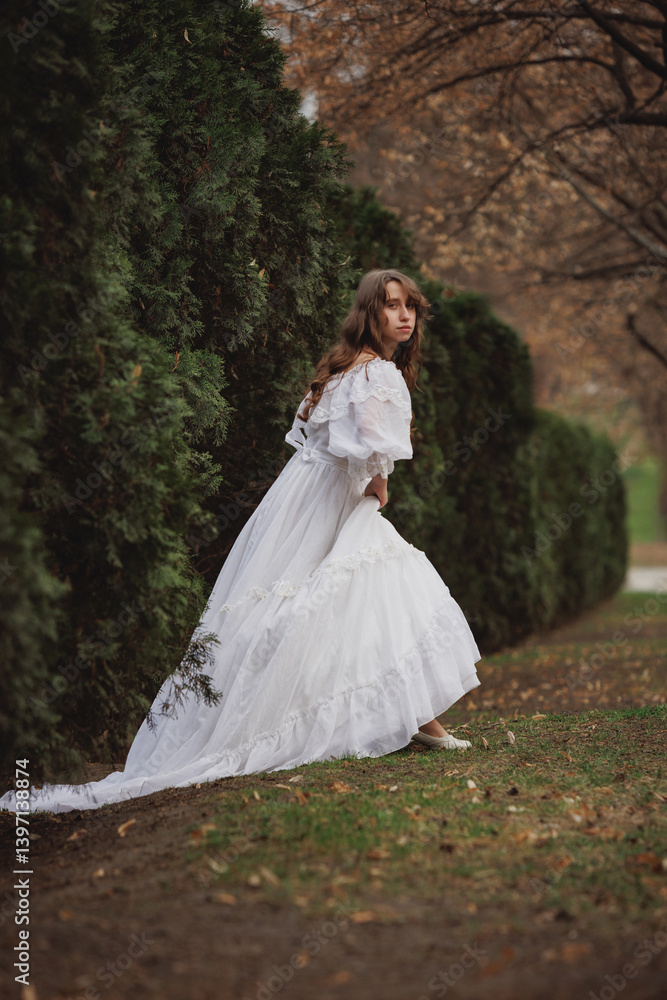 Woman clutching gown in dramatic movement turns her gaze, caught mid-step between fear and freedom. Concept of vintage, comparison of eras, escape, transformation. Suitable for book or film cover. Woman clutching gown in dramatic movement turns her gaze, caught mid-step between fear and freedom. Concept of vintage, comparison of eras, escape, transformation. Suitable for book or film cover.