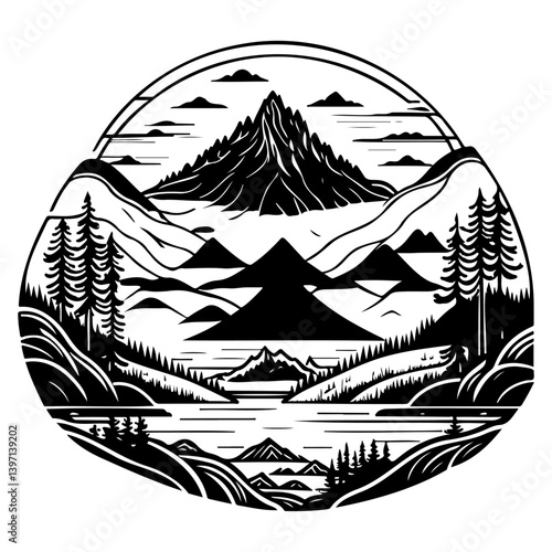 Striking monochrome illustration featuring majestic mountainscapes and tranquil waters