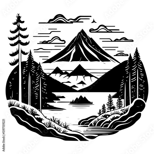 Minimalist Mountainscape Illustration: Serene Alpine Vista with Lake and Forest