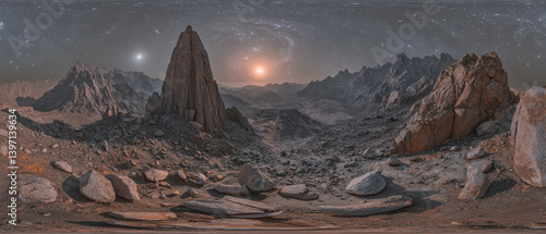 Alien planet panorama:  rocky mountains, star-filled sky, setting twin suns