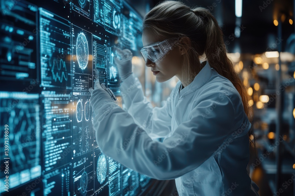 A scientist working in a futuristic lab while holding a test tube. Various lab equipment and futuristic elements are visible in the background. A scientist working in a futuristic lab while holding a test tube. Various lab equipment and futuristic elements are visible in the background.