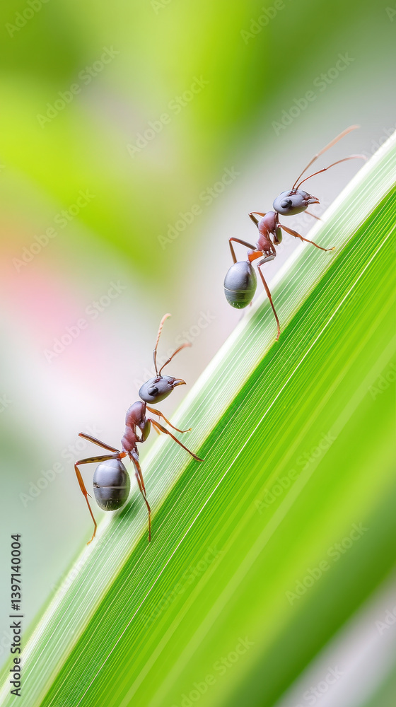 Naklejka premium Detailed close up of ants on vibrant tropical leaf, showcasing their intricate features and natural behavior in lush environment