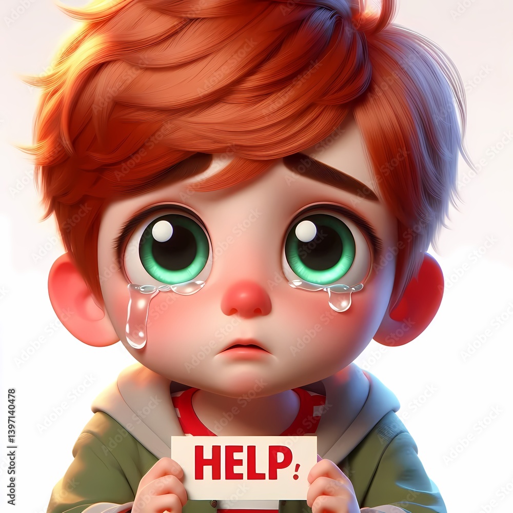 Crying cartoon boy with green eyes full of tears, asking for help, 3D character illustration Crying cartoon boy with green eyes full of tears, asking for help, 3D character illustration