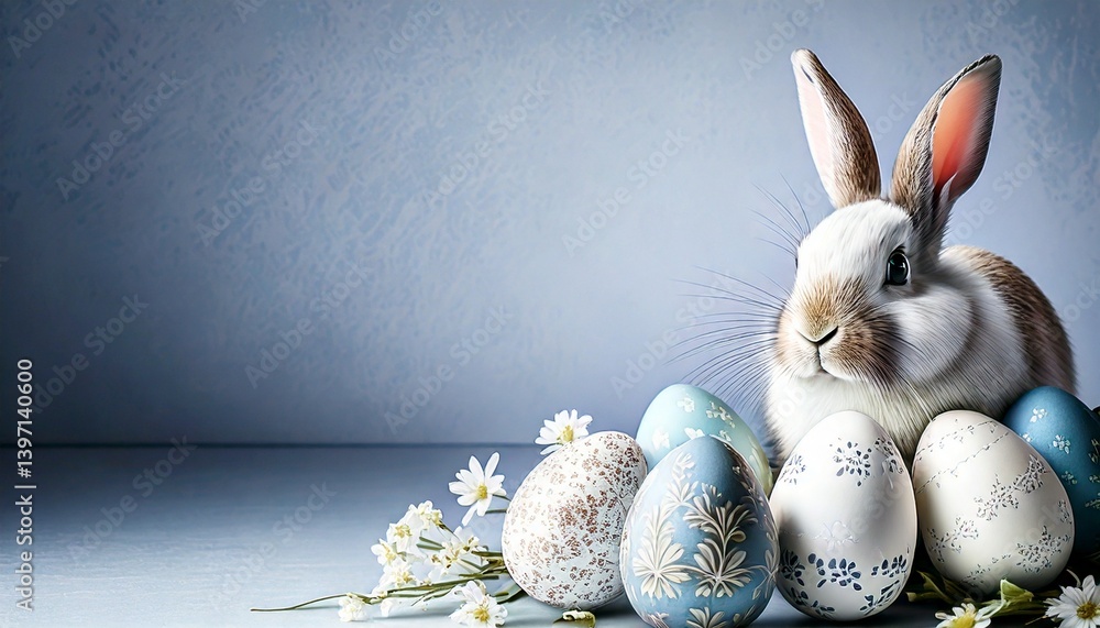 Easter blue background with bunny and eggs