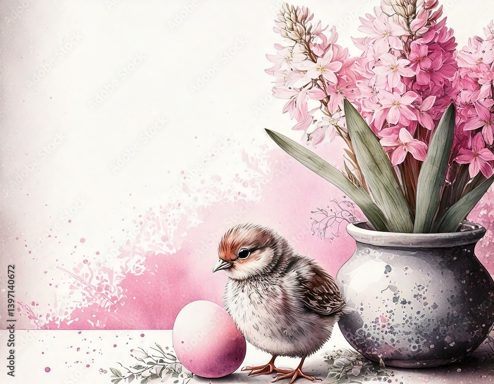 Easter illustration with chick, flowers and eggs