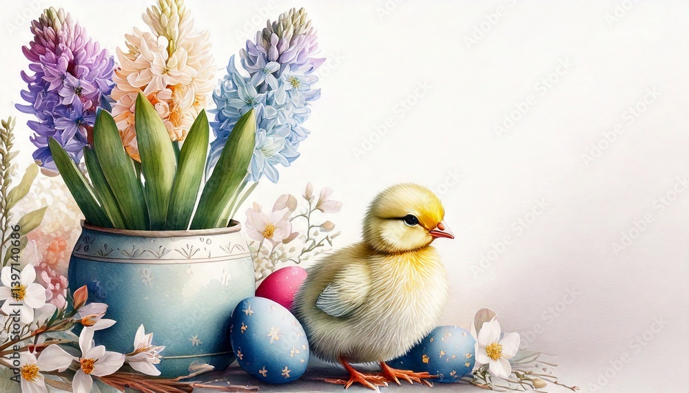Easter illustration with chick, flowers and eggs