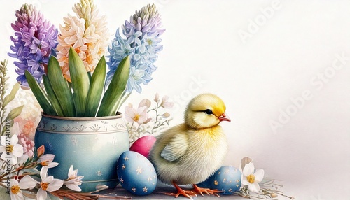 Obraz na płótnie Easter illustration with chick, flowers and eggs w salonie