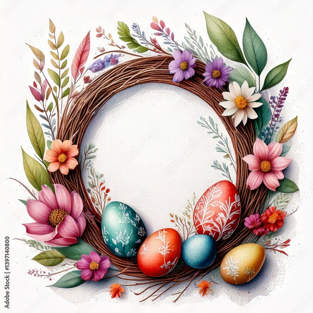 Round frame with space for text surrounded by Easter eggs and flowers. Easter illustration, watercolor