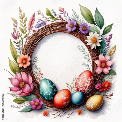 Obraz na płótnie Round frame with space for text surrounded by Easter eggs and flowers. Easter illustration, watercolor w salonie