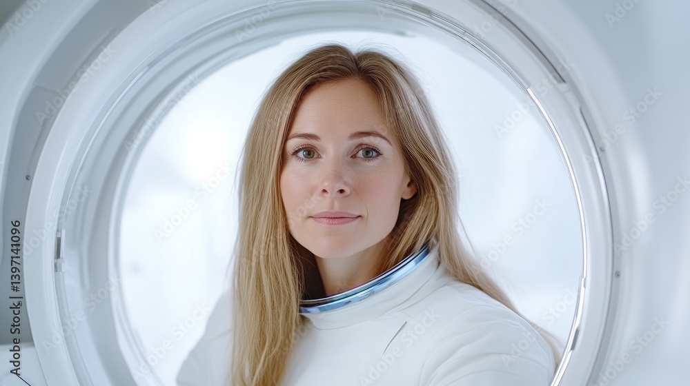Astronaut woman inside a spaceship porthole, serene expression Astronaut woman inside a spaceship porthole, serene expression