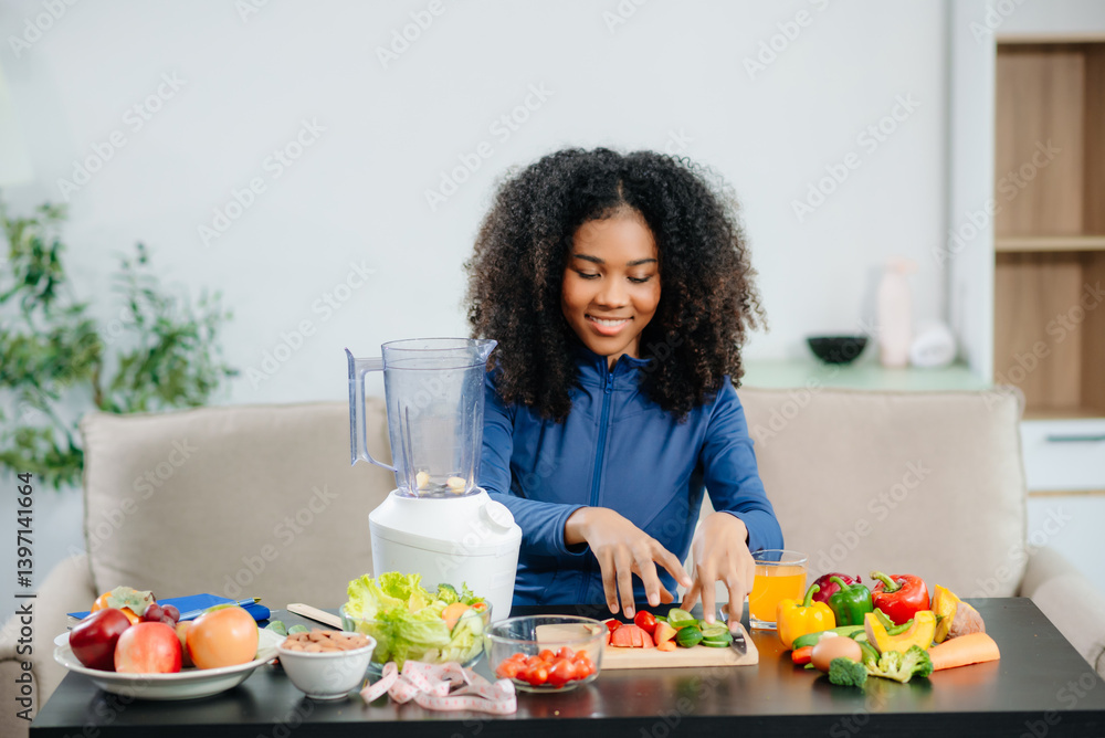 Healthy cooking, featuring fresh fruits, vegetables, and a blender. Perfect for themes of nutrition, wellness