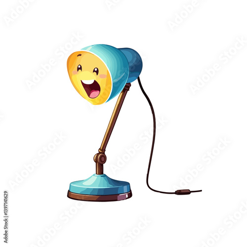 Cheerful desk lamp with a smiling face illuminating a workspace in a bright, playful style