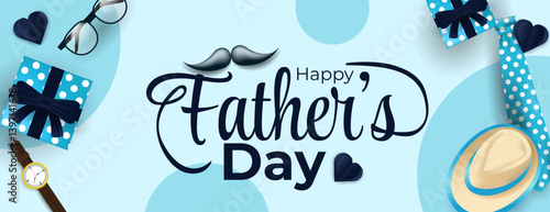 Happy fathers day banner with gifts a hat and glasses.