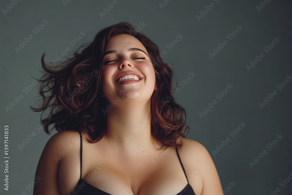 Joyful moment captured during a studio shoot showcasing a woman with flowing hair and a bright smile against a neutral background Joyful moment captured during a studio shoot showcasing a woman with flowing hair and a bright smile against a neutral background