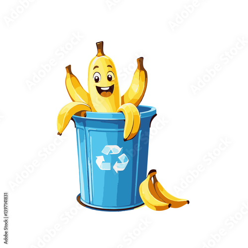 Friendly cartoon banana character happily sitting in a recycling bin filled with other bananas in a fun illustration
