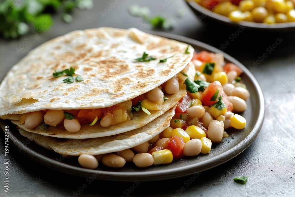 A flavorful quesadilla stacked high with white beans, corn, and tomatoes. A flavorful quesadilla stacked high with white beans, corn, and tomatoes.