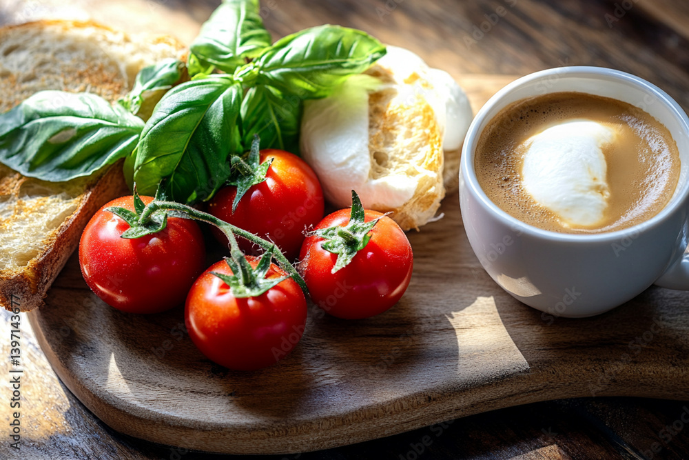 Italian breakfast: espresso, fresh ciabatta, mozzarella cheese and tomatoes with basil Italian breakfast: espresso, fresh ciabatta, mozzarella cheese and tomatoes with basil