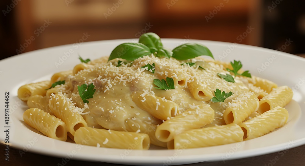 Serving of Pasta with Sauce and Herbs on White Plate Serving of Pasta with Sauce and Herbs on White Plate