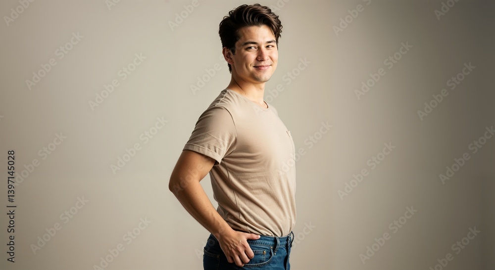Obraz premium Young man with a friendly smile standing in a relaxed pose against a light neutral background