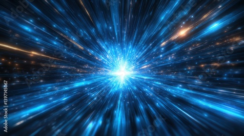 Dynamic streaks of vibrant blue and gold light converge at a brilliant central point, creating an image of intense energy and speed.