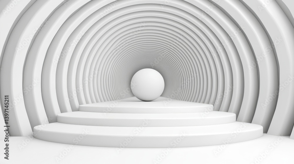 Fototapeta premium White Sphere on Platform in Concentric Arch Tunnel