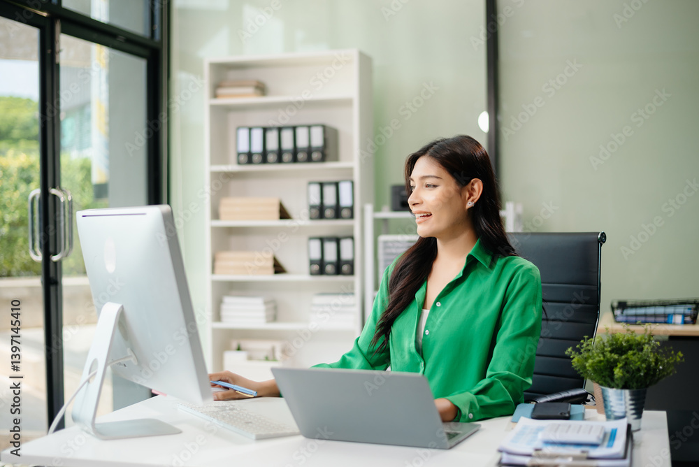 Asian woman using laptop and tablet while sitting at her working place. Concentrated Asian woman using laptop and tablet while sitting at her working place. Concentrated