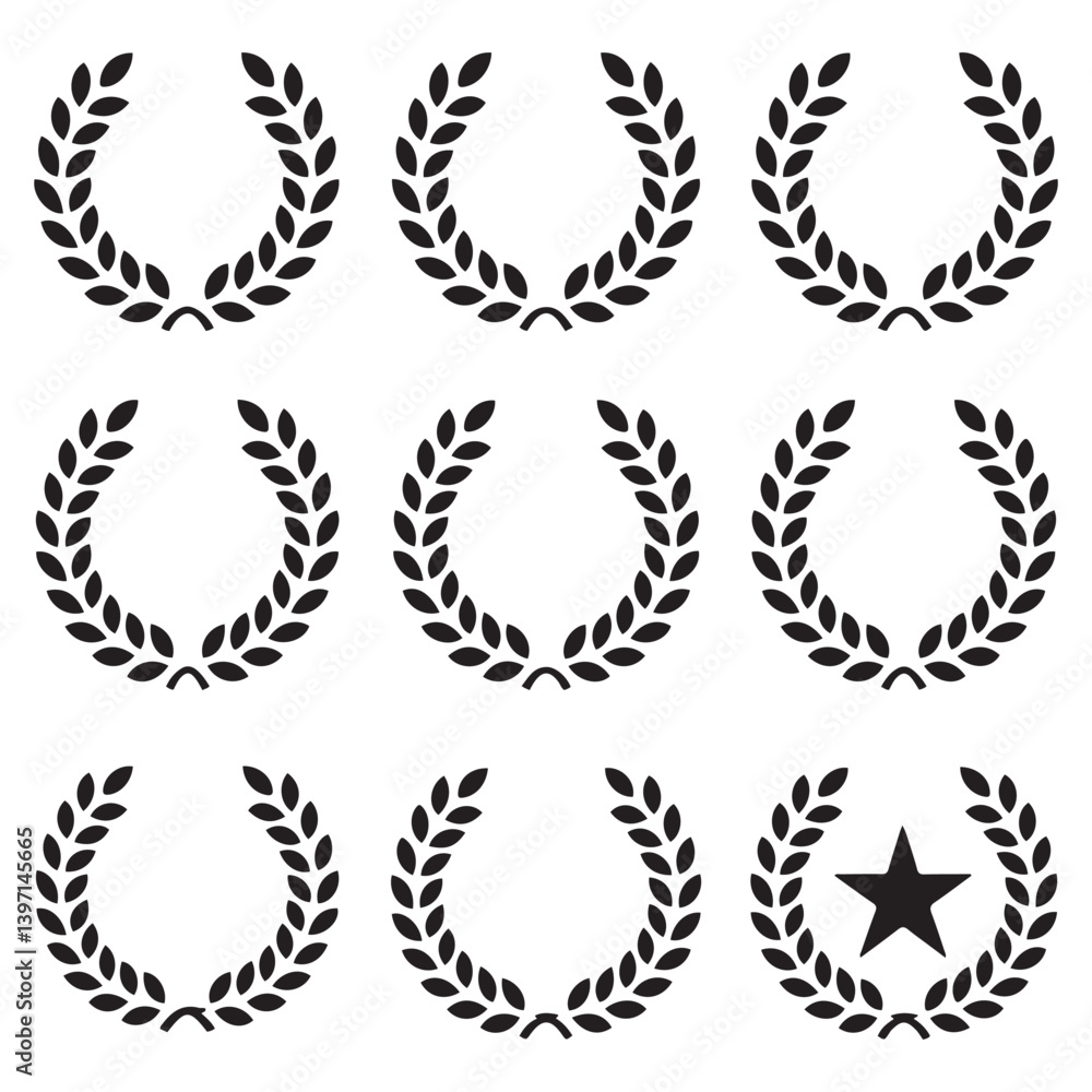 Obraz premium Simple laurel wreath Vector Black silhouettes icon set. Award, success, champion sign. with white background