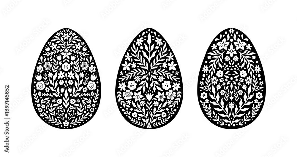 Fototapeta premium Easter Floral Egg Icon Set. Abstract Flowers in Egg Silhouette. Vector Linocut object isolated on white background. Ester Egg hunter design for greeting card, banner, print. Spring icon floral decor.