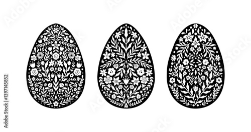 Easter Floral Egg Icon Set. Abstract Flowers in Egg Silhouette. Vector Linocut object isolated on white background. Ester Egg hunter design for greeting card, banner, print. Spring icon floral decor.