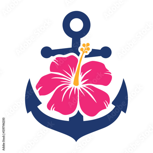 Logo nautical. Vacaciones en Hawái. Silueta de ancla de barco con flor de hibisco 